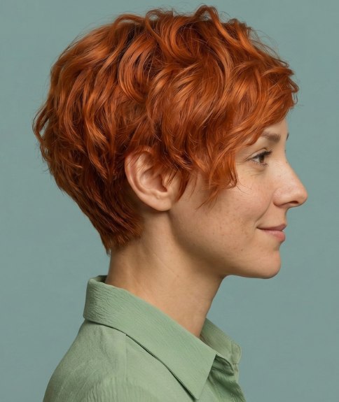 Cabello pelirrojo corto y ondulado - Vista lateral
