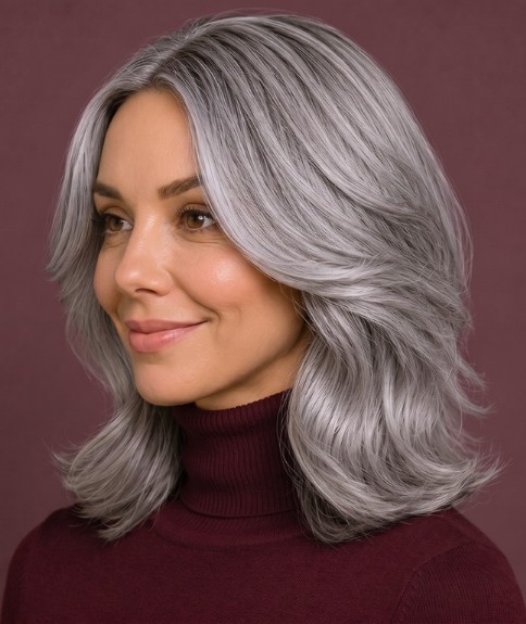 Corte rozando los hombros para cabello gris - Vista lateral
