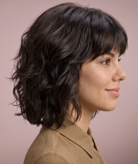 Cabello medio-largo desfilado con flequillo - Vista lateral