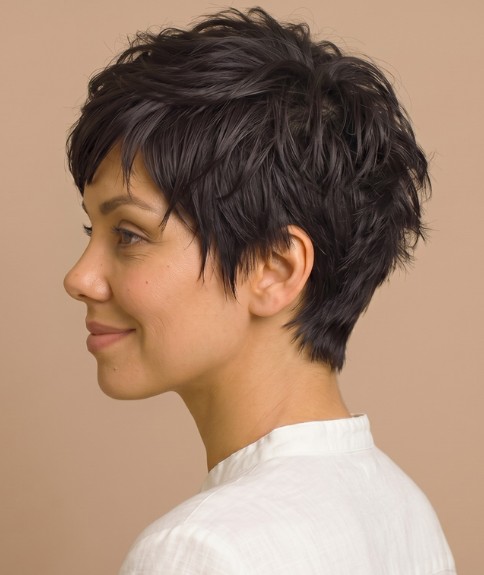 Favorecedor corte pixie con capas - Vista lateral