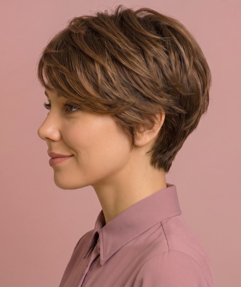 Peinado corto con capas para cabello casta&ntilde;o - Vista lateral