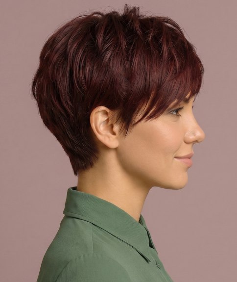 Estilo corto con flequillo para cabello casta&ntilde;o - Vista lateral