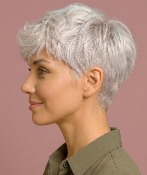 Cabello corto rubio platino con estilo desenfadado - Vista lateral