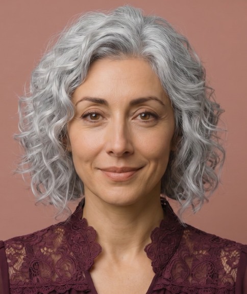 Cabello gris a la altura del cuello con capas y ondas