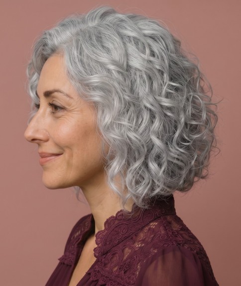 Estilo ondulado de media melena para cabello canoso - Vista lateral