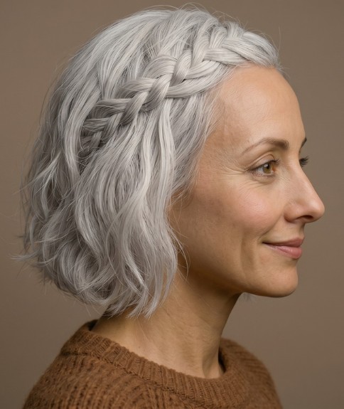 Cabello rubio platino con detalle trenzado - Vista lateral