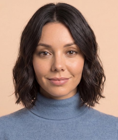 Peinado casi a la altura de los hombros con cabello brillante