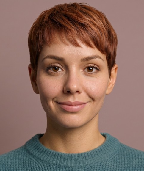 Peinado corto con un color de cabello c&aacute;lido y cobrizo