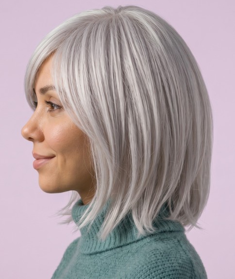 Estilo de longitud media para cabello rubio platino - Vista lateral