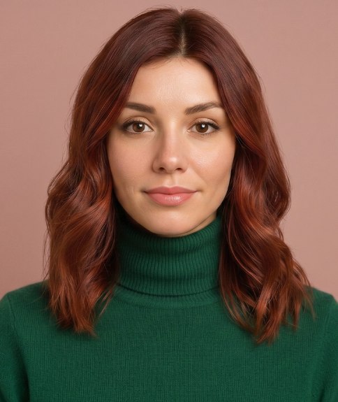 Cabello largo cobrizo con capas por debajo de los hombros