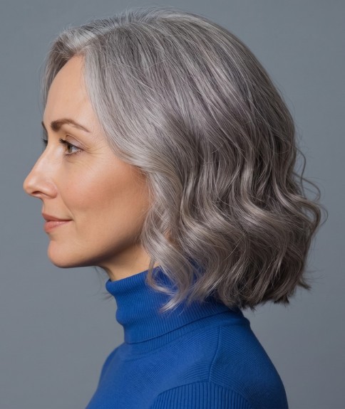 Peinado semilargo para mujeres con cabello gris