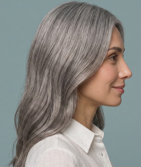 Estilo largo para mujeres con cabello canoso