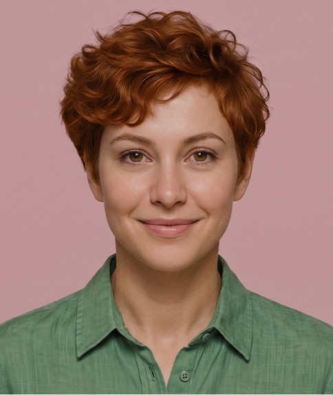 Corte pixie rizado para cabello rojo cobrizo