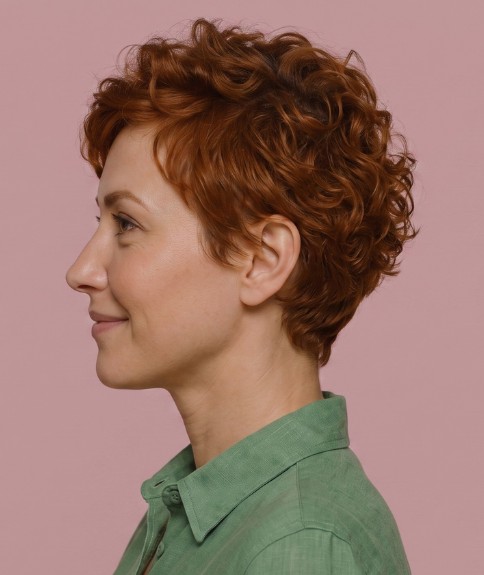 Cabello corto rojo cobrizo con rizos