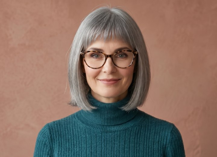 Corte de pelo bob para una mujer mayor con canas