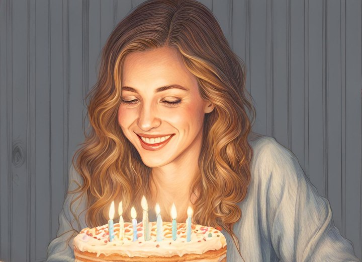 Una tarta de cumplea&ntilde;os, velas y un pelo largo a punto de prenderse fuego